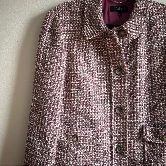 Talbots S 16 Tweed Pink Elegant Classic Button Front Blazer Jacket - Picture 6 of 12